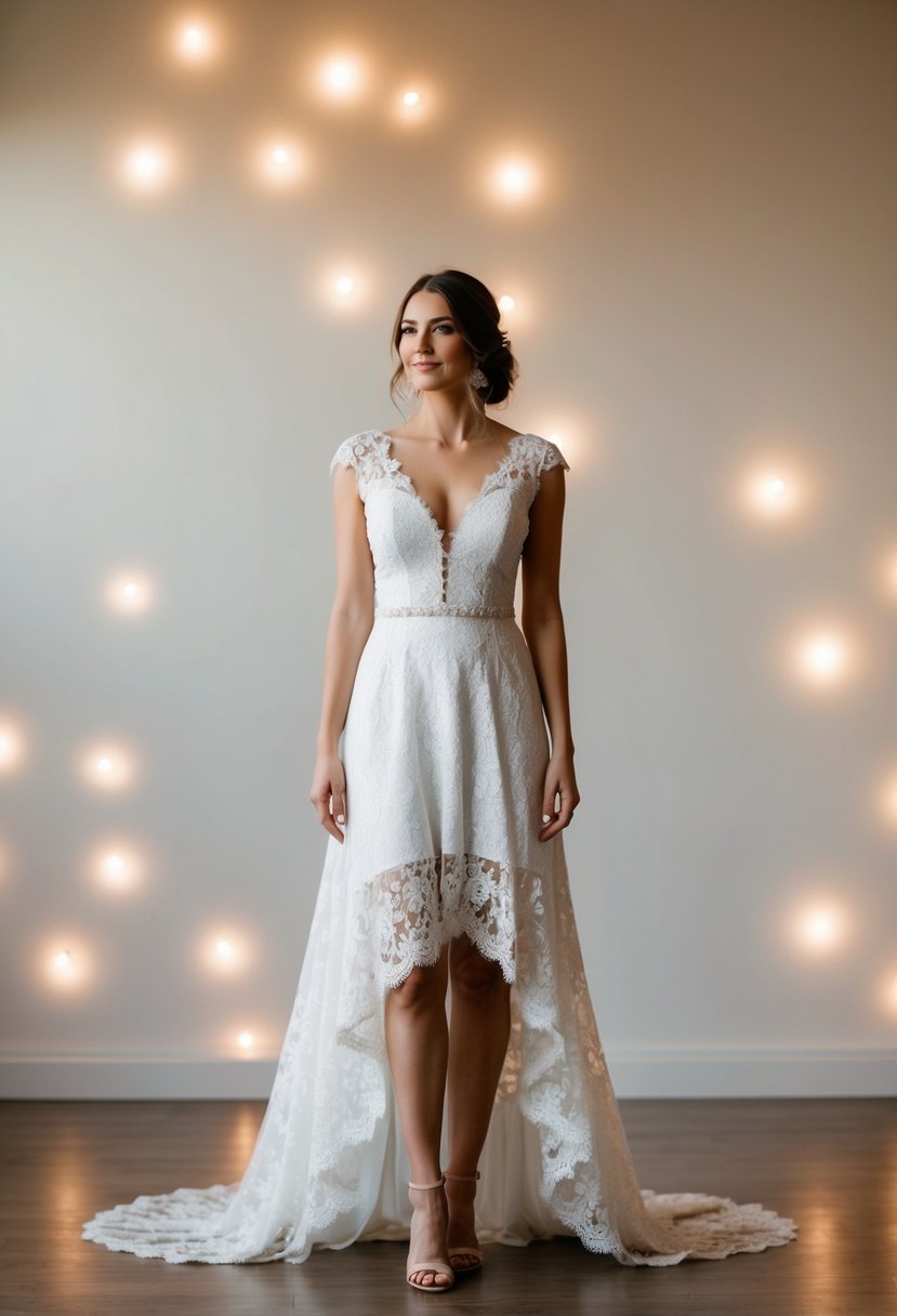 A bride stands in a high-low hem lace dress, surrounded by soft, romantic lighting. The dress flows elegantly, perfect for a second marriage wedding