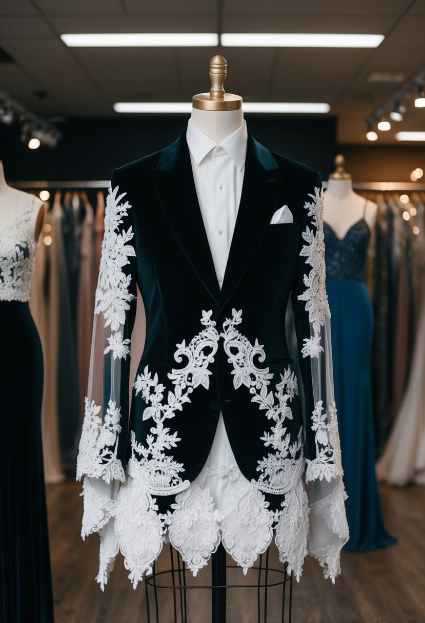 A black velvet bridal suit displayed on a mannequin, adorned with intricate lace and unique non-traditional details