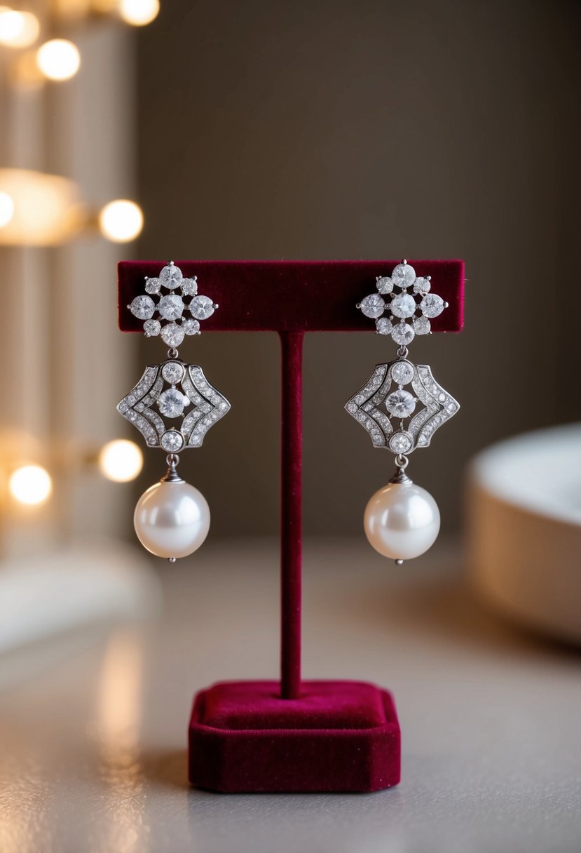 A pair of elegant art deco wedding earrings with pearls and crystals, displayed on a velvet jewelry stand under soft, warm lighting