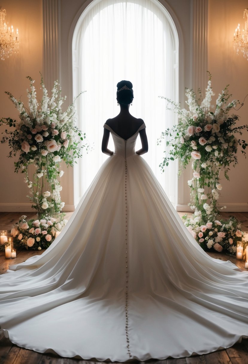 A princess silhouette in a flowing wedding dress with a long train, surrounded by elegant floral arrangements and romantic lighting