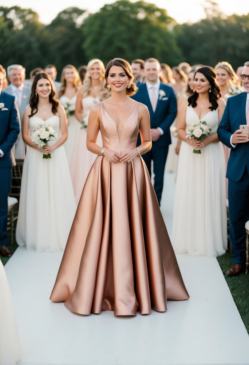 A bold rose gold dress stands out in a sea of traditional white gowns at a non-traditional wedding