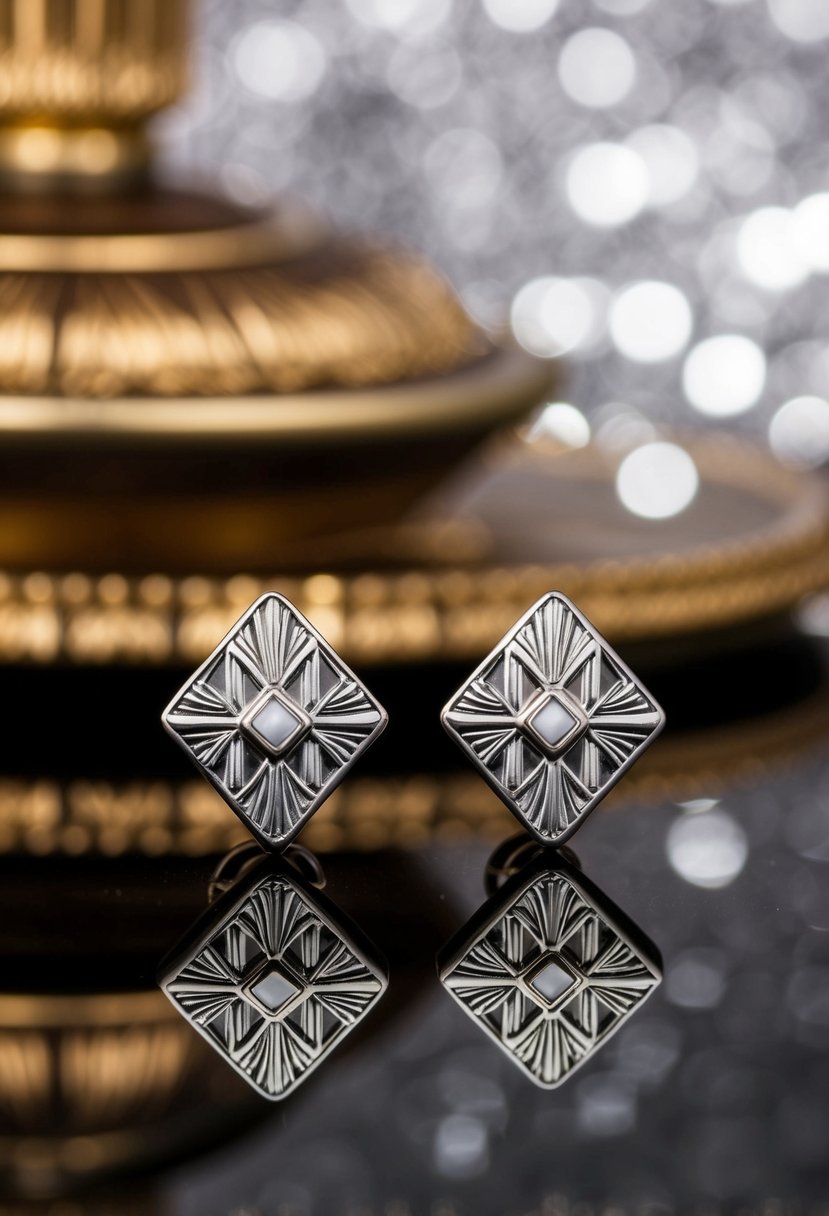 A pair of elegant, geometric stud earrings with intricate Art Deco designs, set against a backdrop of opulent 1920s-inspired decor