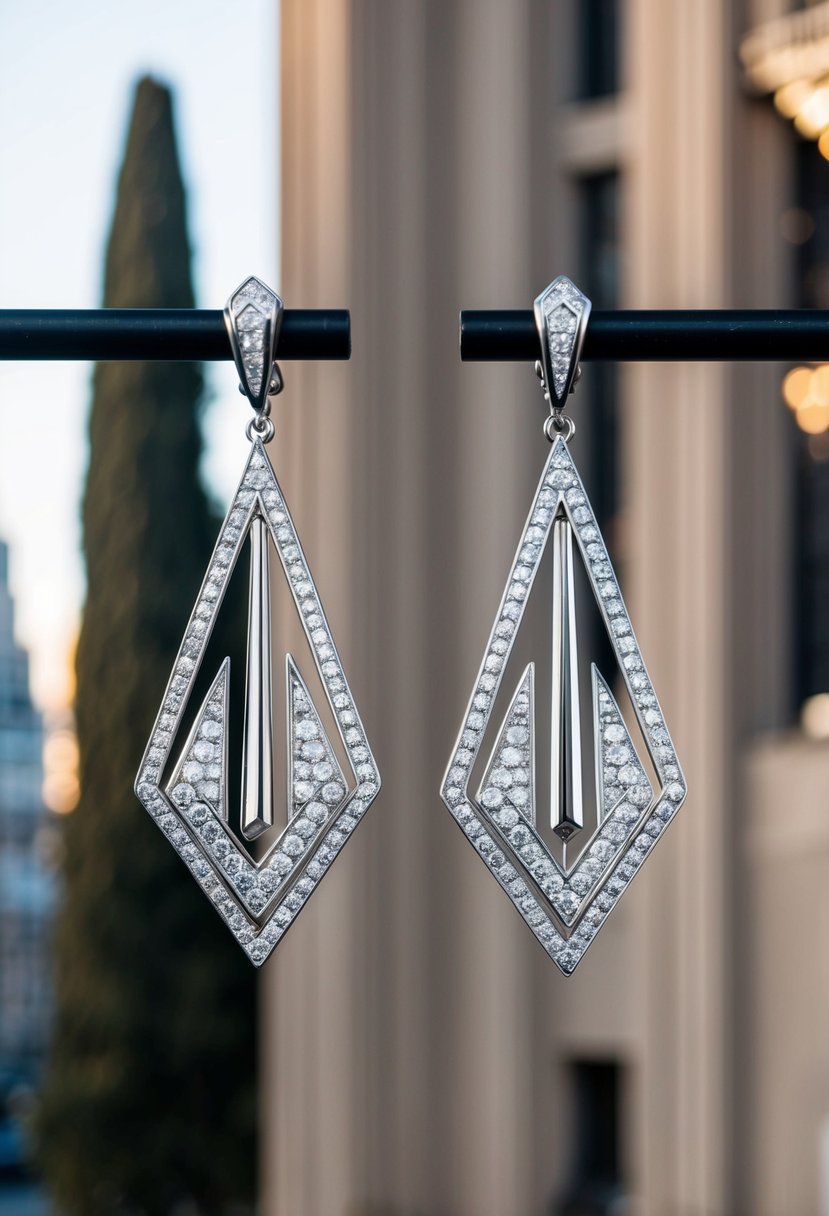 A pair of sleek, geometric dangle earrings with intricate patterns and sparkling gemstones, set against a backdrop of elegant art deco architecture