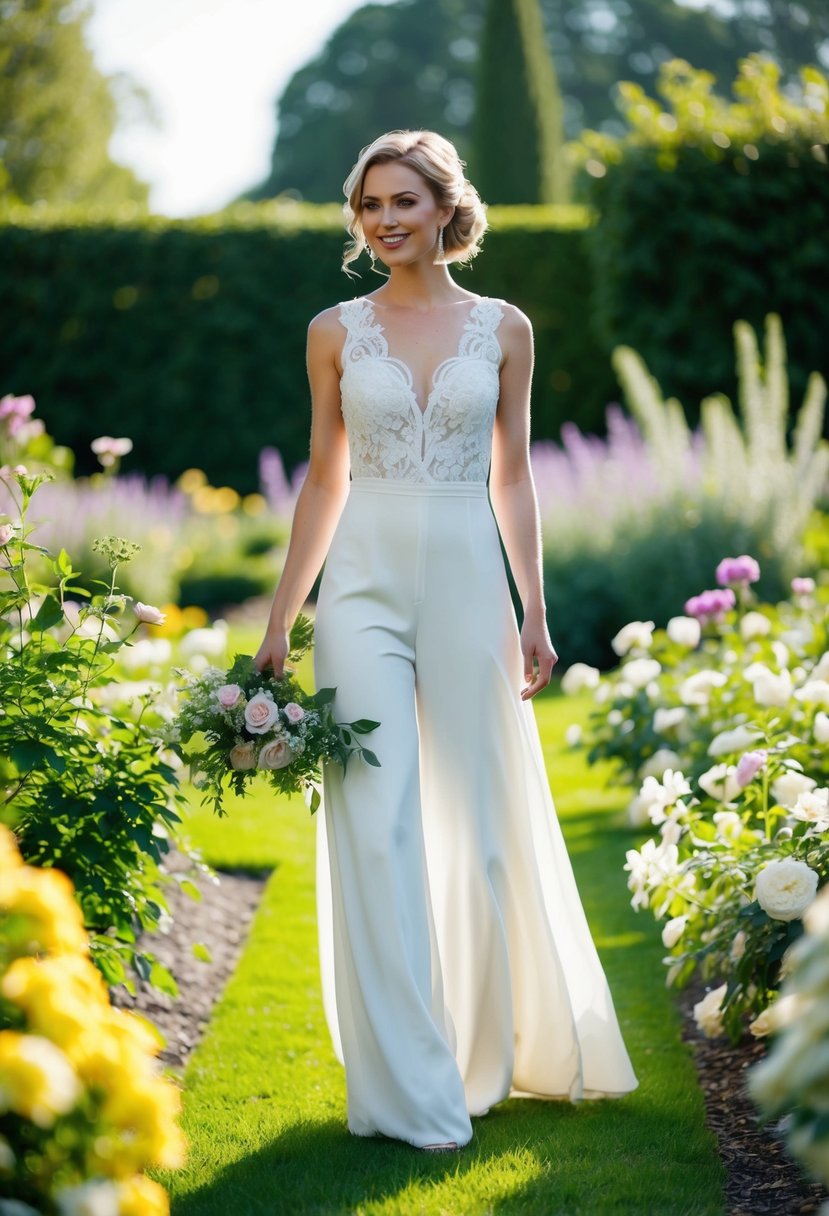 A bride in a jumpsuit with lace overlay stands in a garden, surrounded by blooming flowers and greenery, with a soft, romantic light filtering through the trees