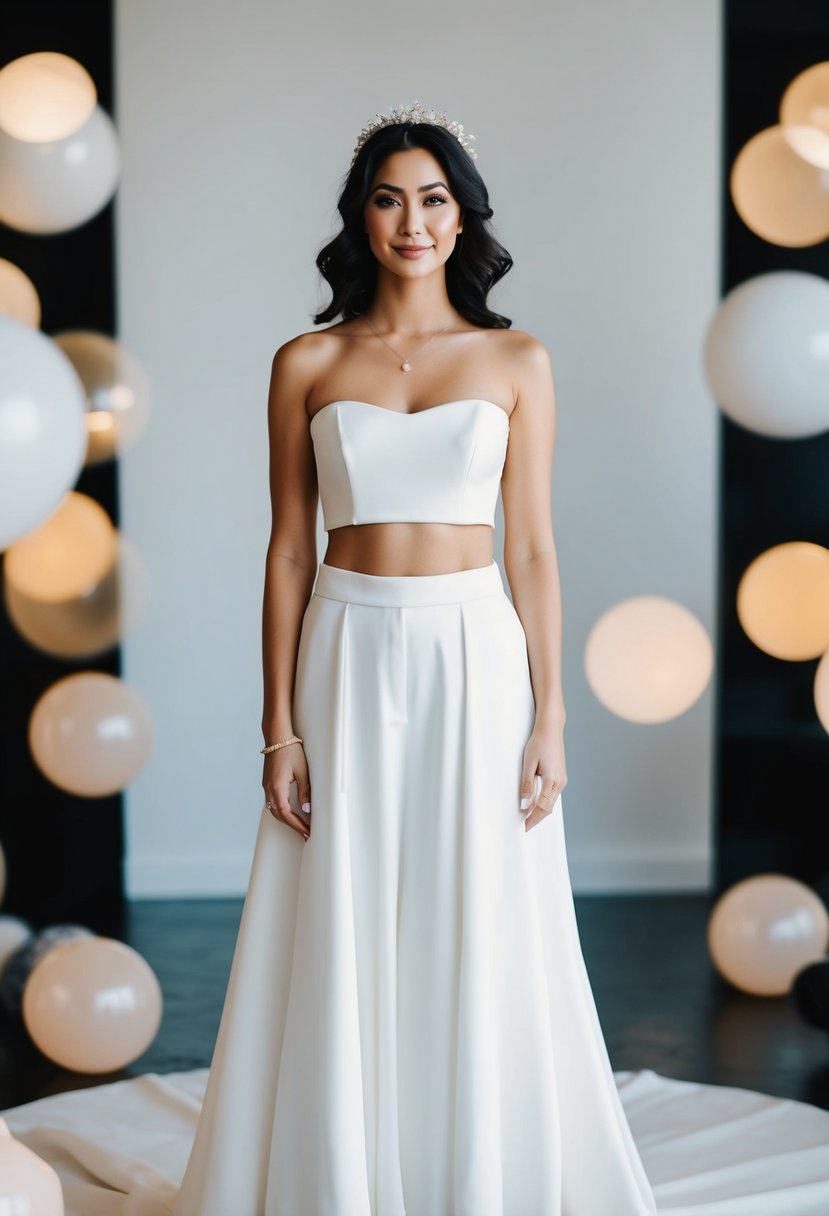 A bride wearing a two-piece bridal set with a crop top, standing in a non-traditional wedding dress, surrounded by modern and unique design elements