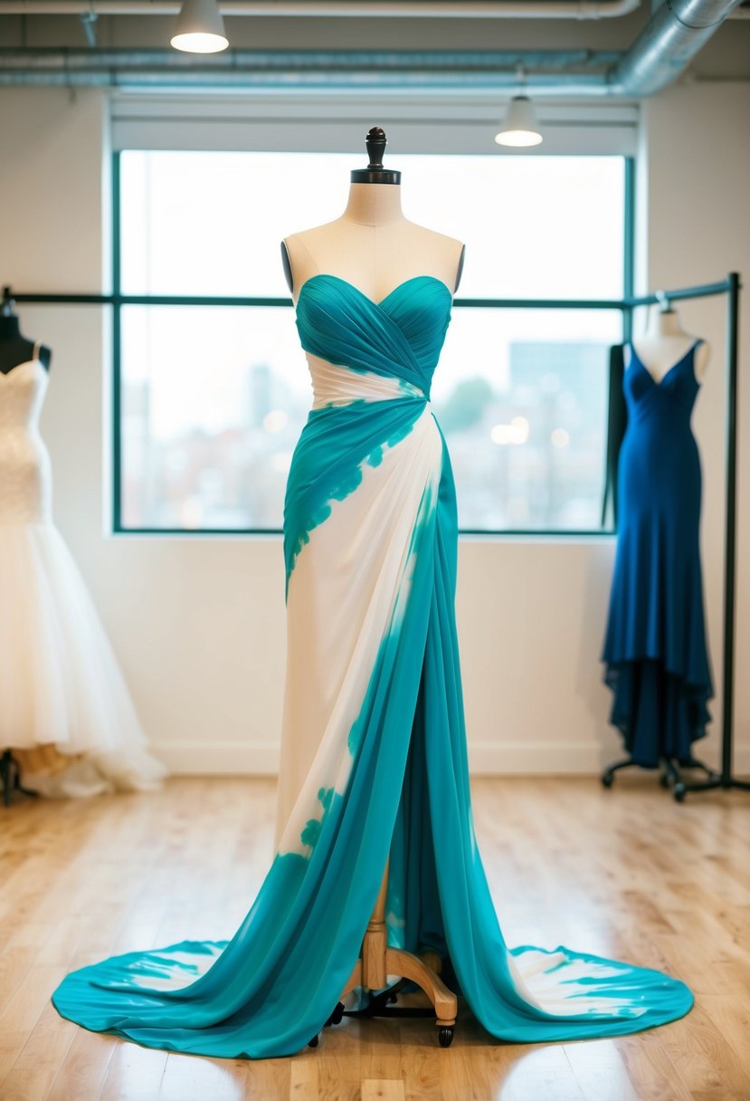 A flowing dip-dyed convertible gown draped on a mannequin, showcasing unique non-traditional wedding dress ideas