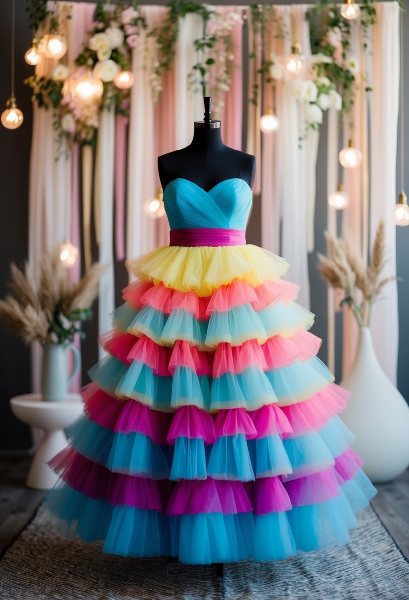 A vibrant multi-tiered tulle dress flowing in the wind, set against a backdrop of whimsical, non-traditional wedding decor