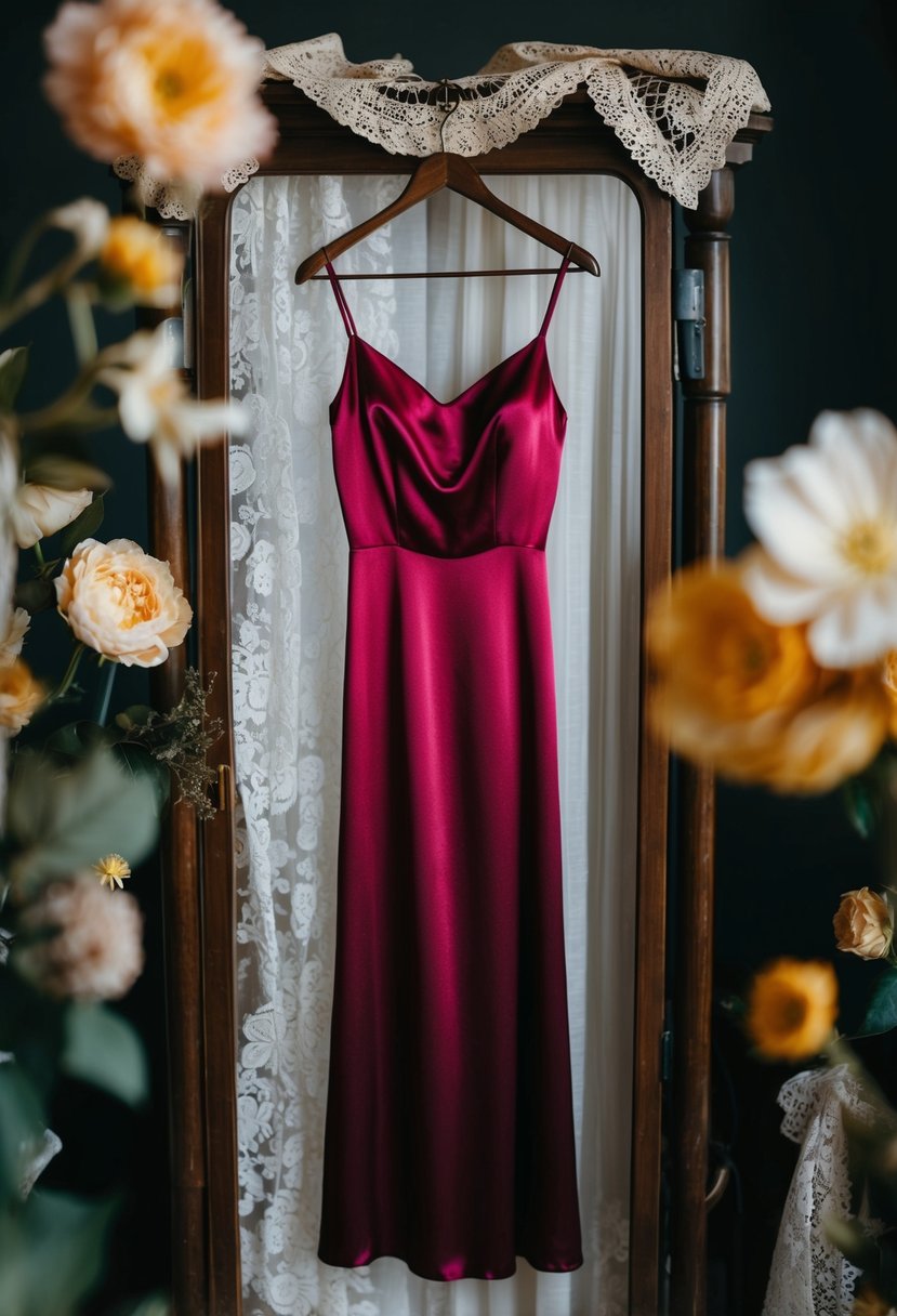 A deep red satin slip dress hangs on a vintage coat rack, surrounded by antique lace and silk flowers