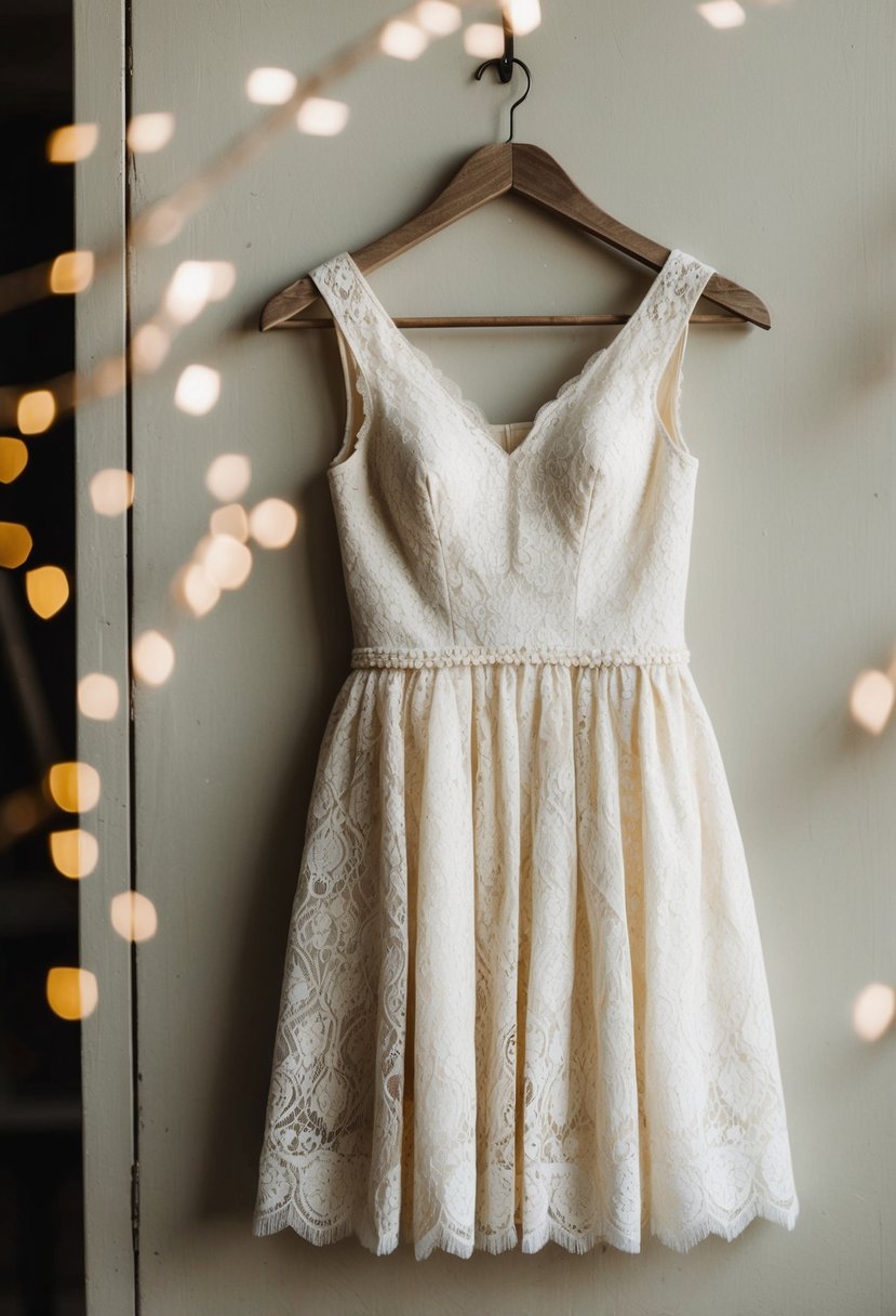 A vintage-inspired short lace dress hanging on a rustic wooden hanger with delicate details and a non-traditional design