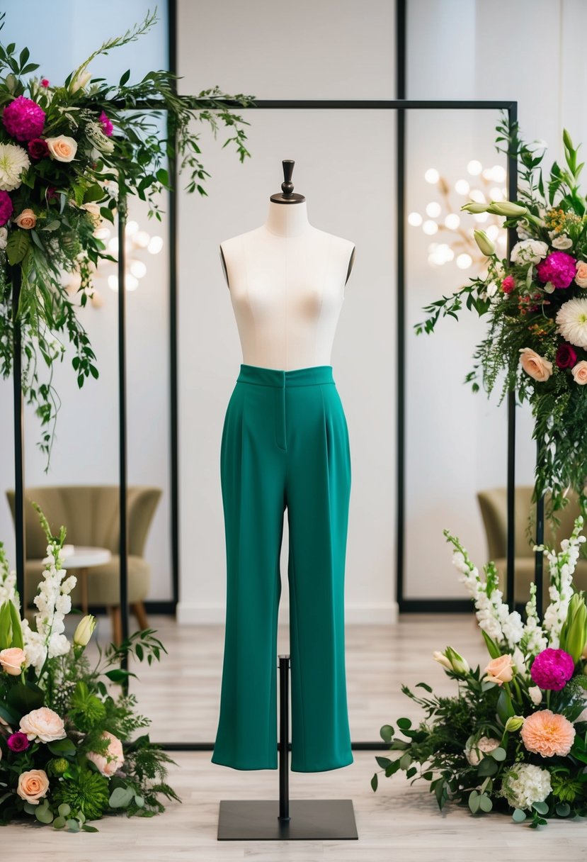 An emerald green bridal pantsuit displayed on a mannequin, surrounded by vibrant floral arrangements and modern decor