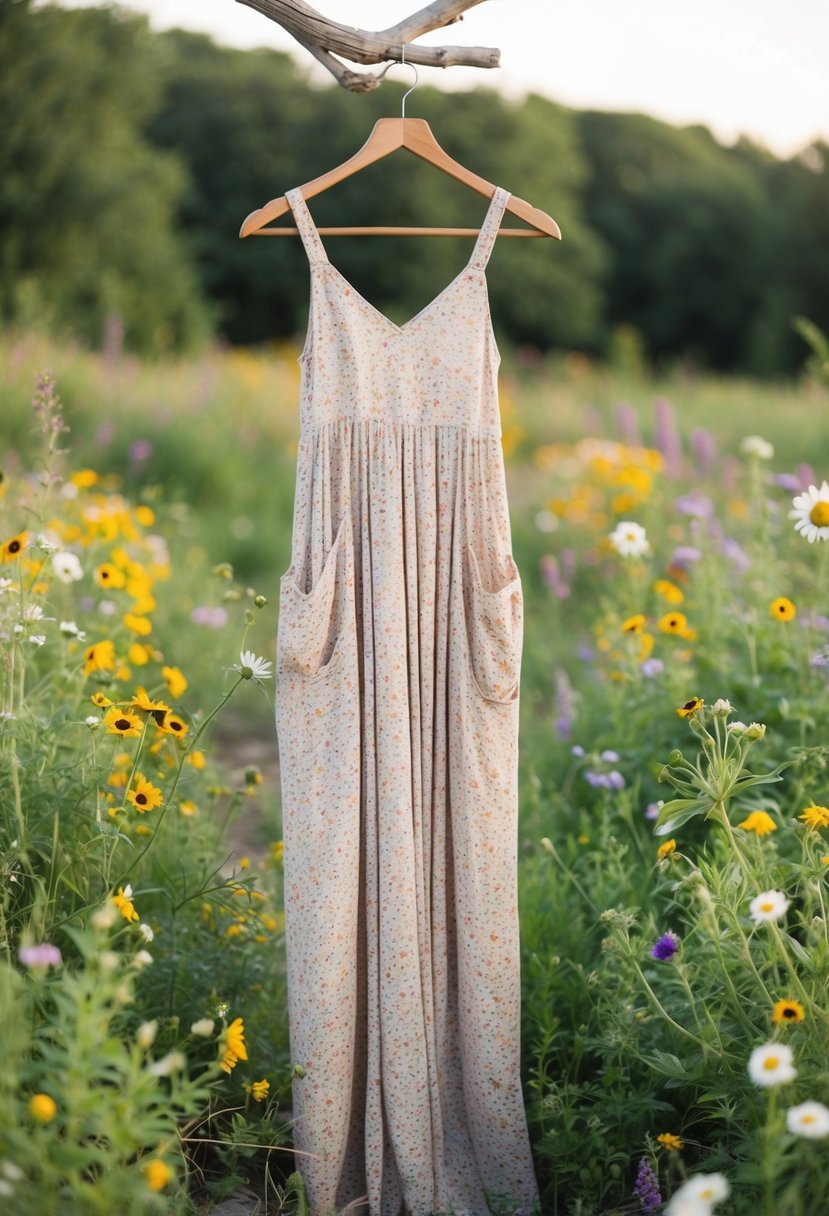 A floral maxi dress with pockets hangs on a rustic wooden hanger, surrounded by wildflowers and greenery, creating a bohemian and non-traditional wedding dress concept