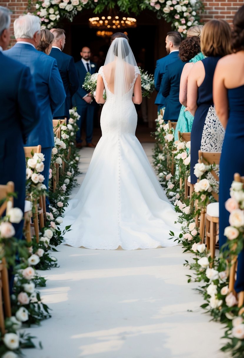 A bride in a long train wedding dress walking down a flower-lined aisle