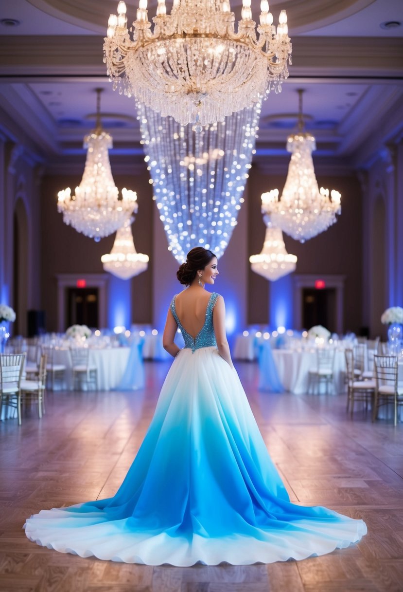 A grand ballroom with a cascading blue ombre gown, surrounded by twinkling lights and elegant chandeliers