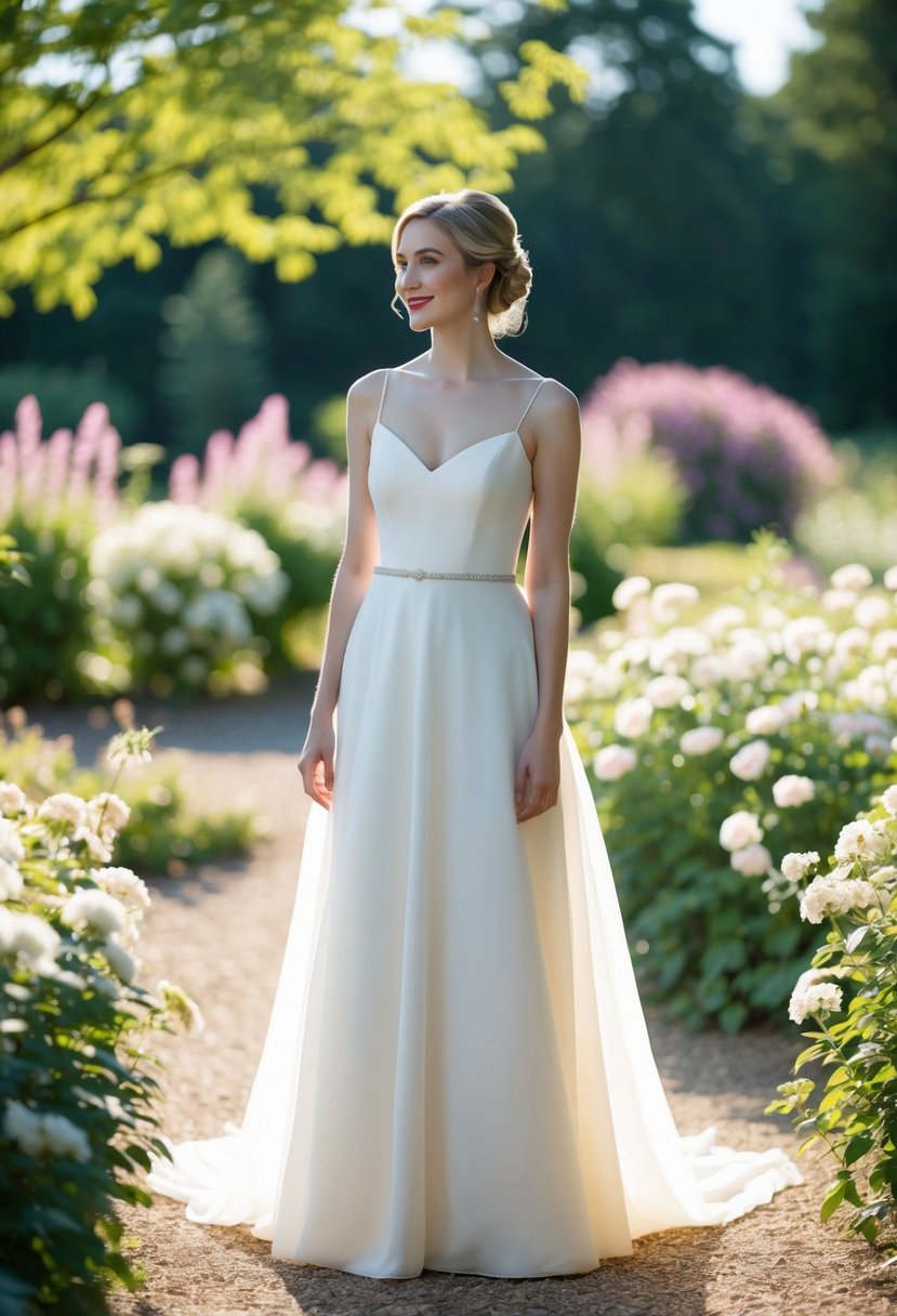 A bride in a simple, elegant gown stands in a peaceful garden, surrounded by blooming flowers and soft sunlight