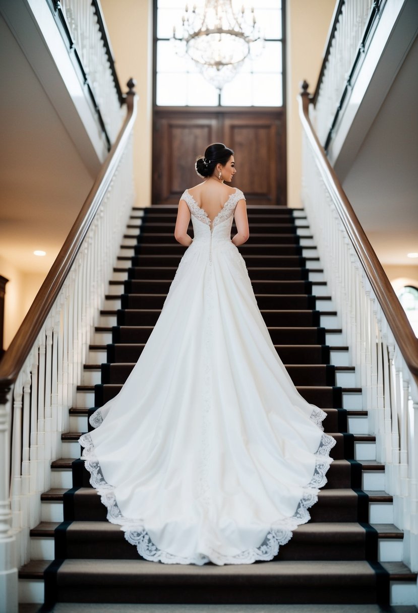 A bride in a classic cathedral train wedding dress, flowing elegantly down a grand staircase