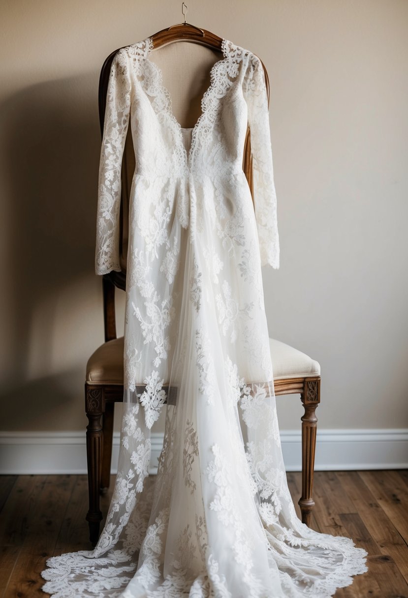 A long-sleeve lace wedding dress draped over a vintage wooden chair, with soft lighting casting delicate shadows on the intricate details