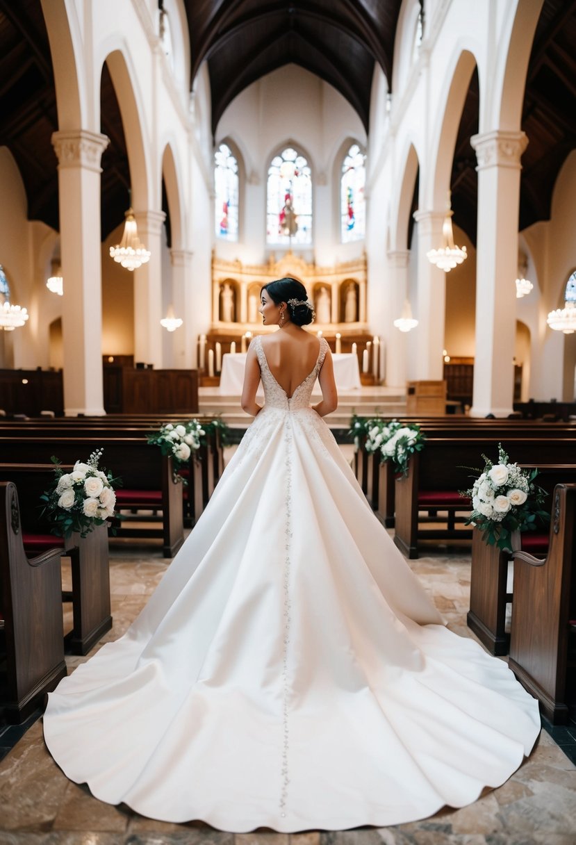 A bride standing in a grand chapel with a long, dramatic train flowing behind her. The train flares out in a dramatic and elegant fashion