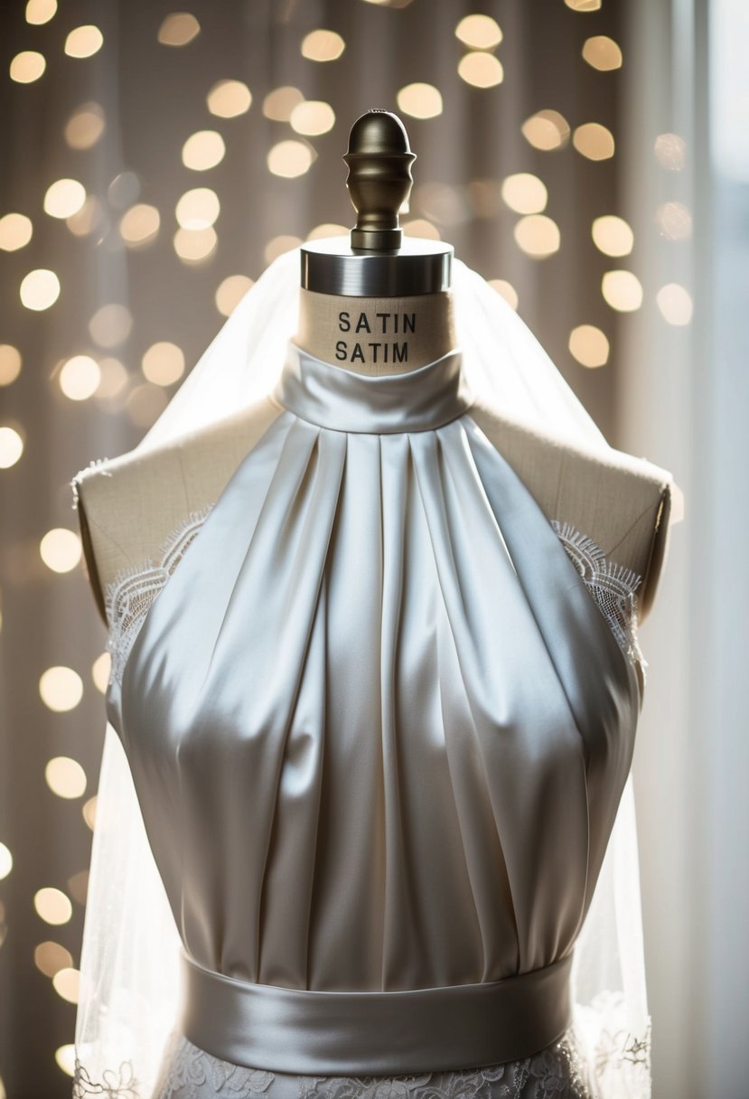 A high-neck satin wedding dress draped on a mannequin, surrounded by soft lighting and delicate lace details