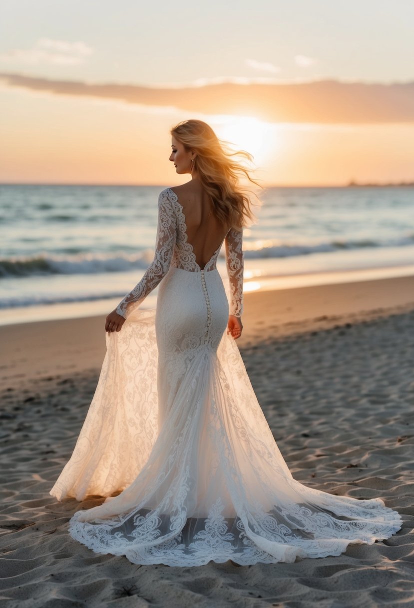 A bohemian lace long train wedding dress flowing in the wind at a beach sunset