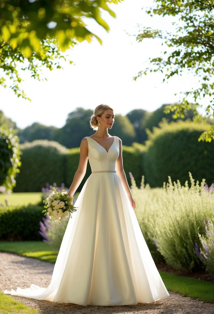 A serene bride stands in a sunlit garden, her floor-length A-line wedding dress flowing gently in the breeze