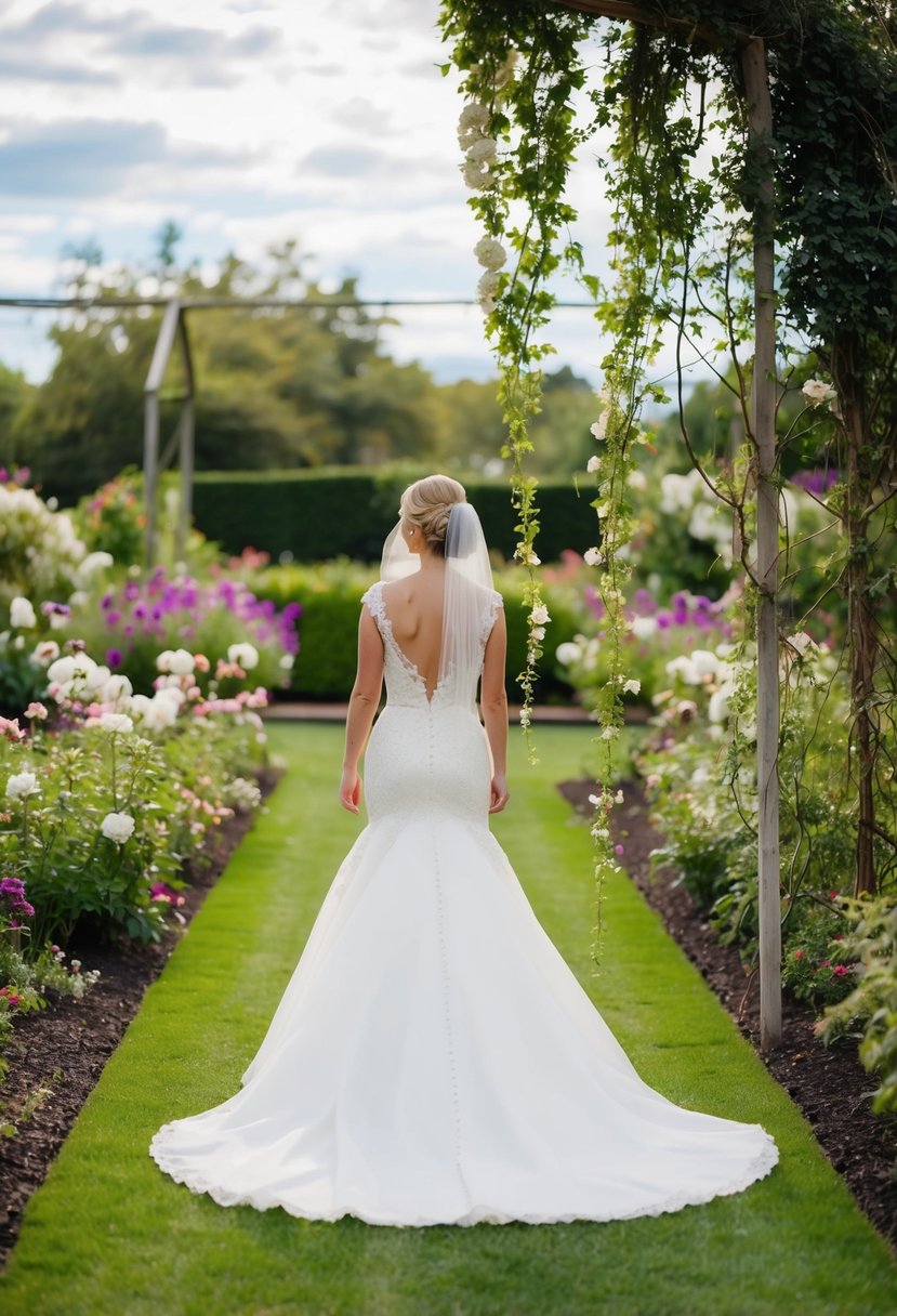 A bride in a vintage-inspired long train wedding dress walking through a garden, with cascading flowers and vines in the background