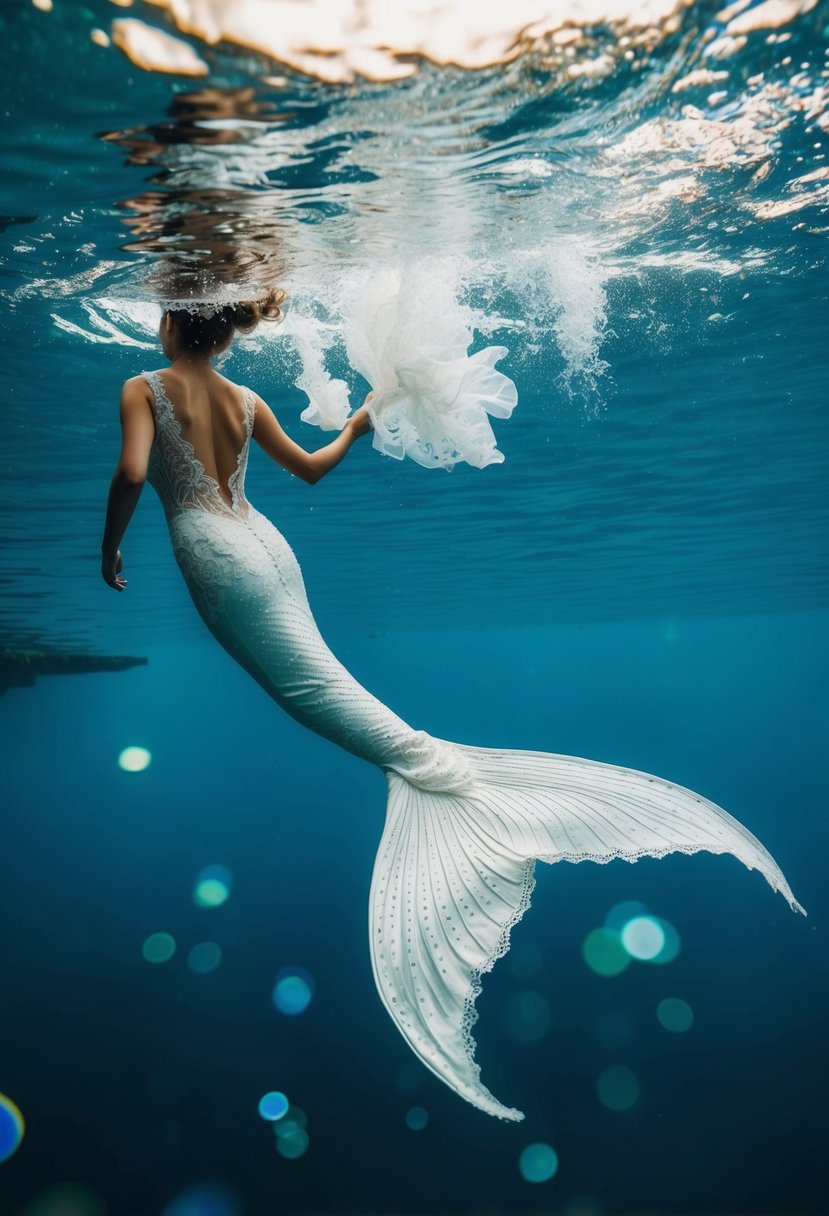 A modern mermaid train design wedding dress flowing underwater with intricate lace and shimmering details