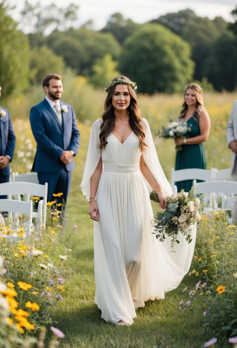 A serene outdoor wedding ceremony with a flowing, bohemian-inspired modest wedding dress, surrounded by wildflowers and greenery