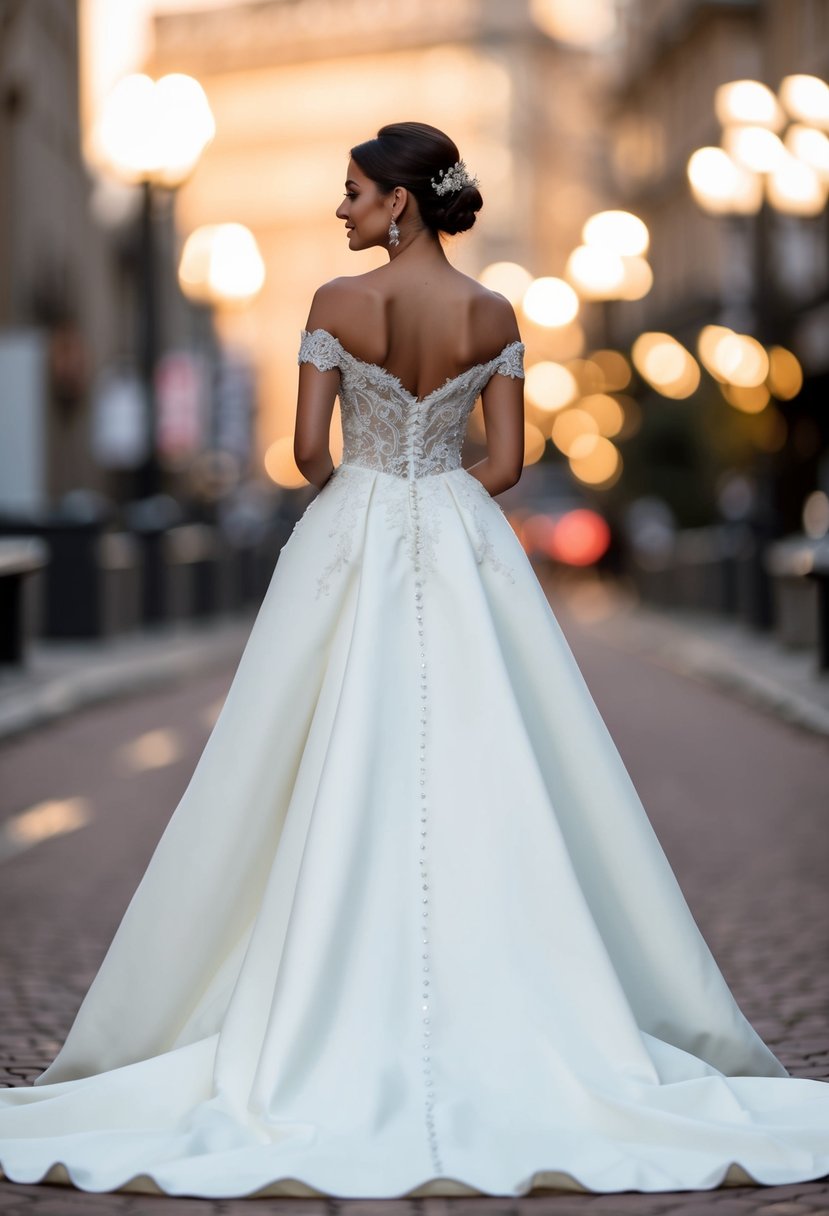 An elegant off-shoulder wedding dress with a long train flowing behind