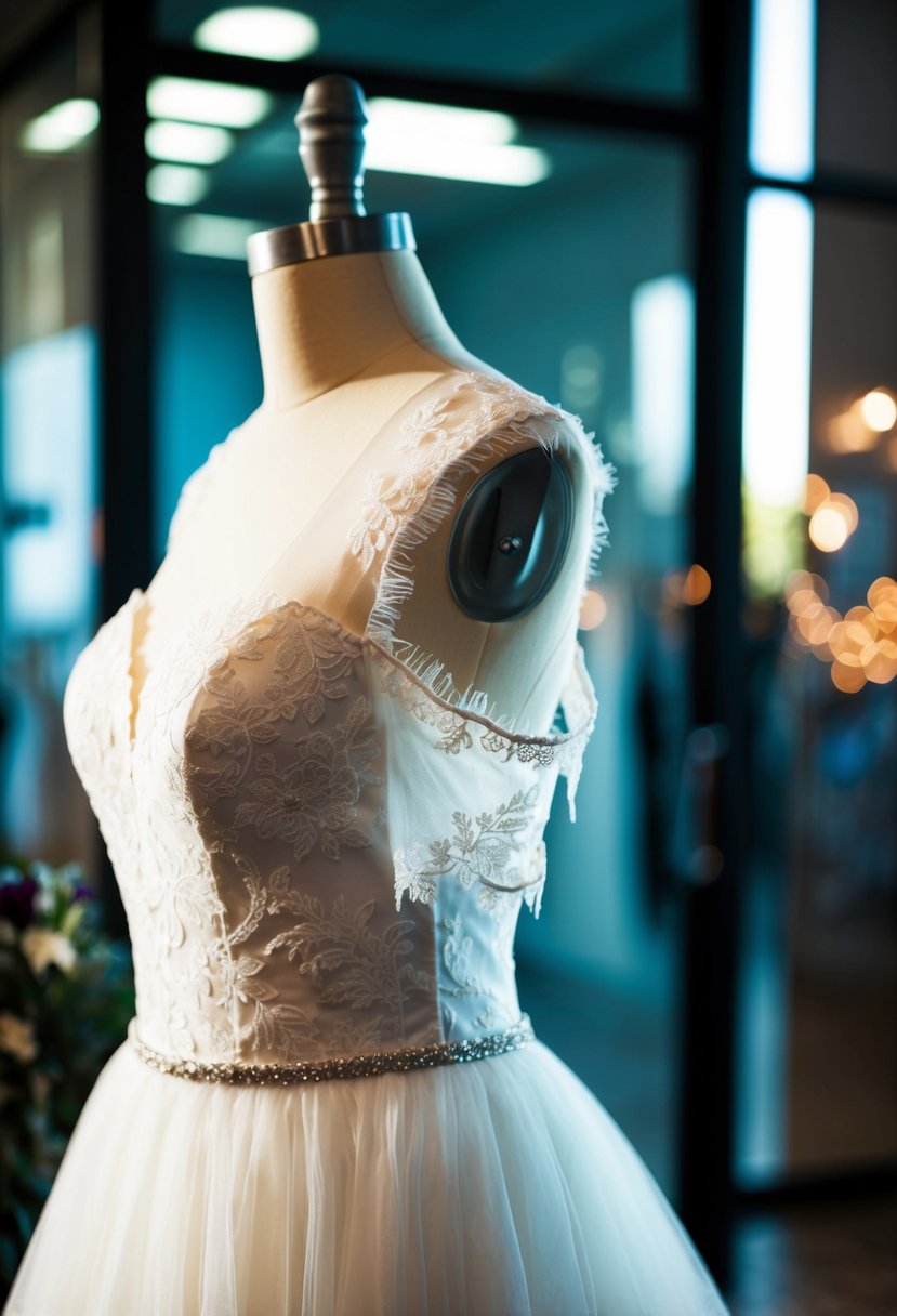 A wedding dress with lace illusion sleeves on a mannequin