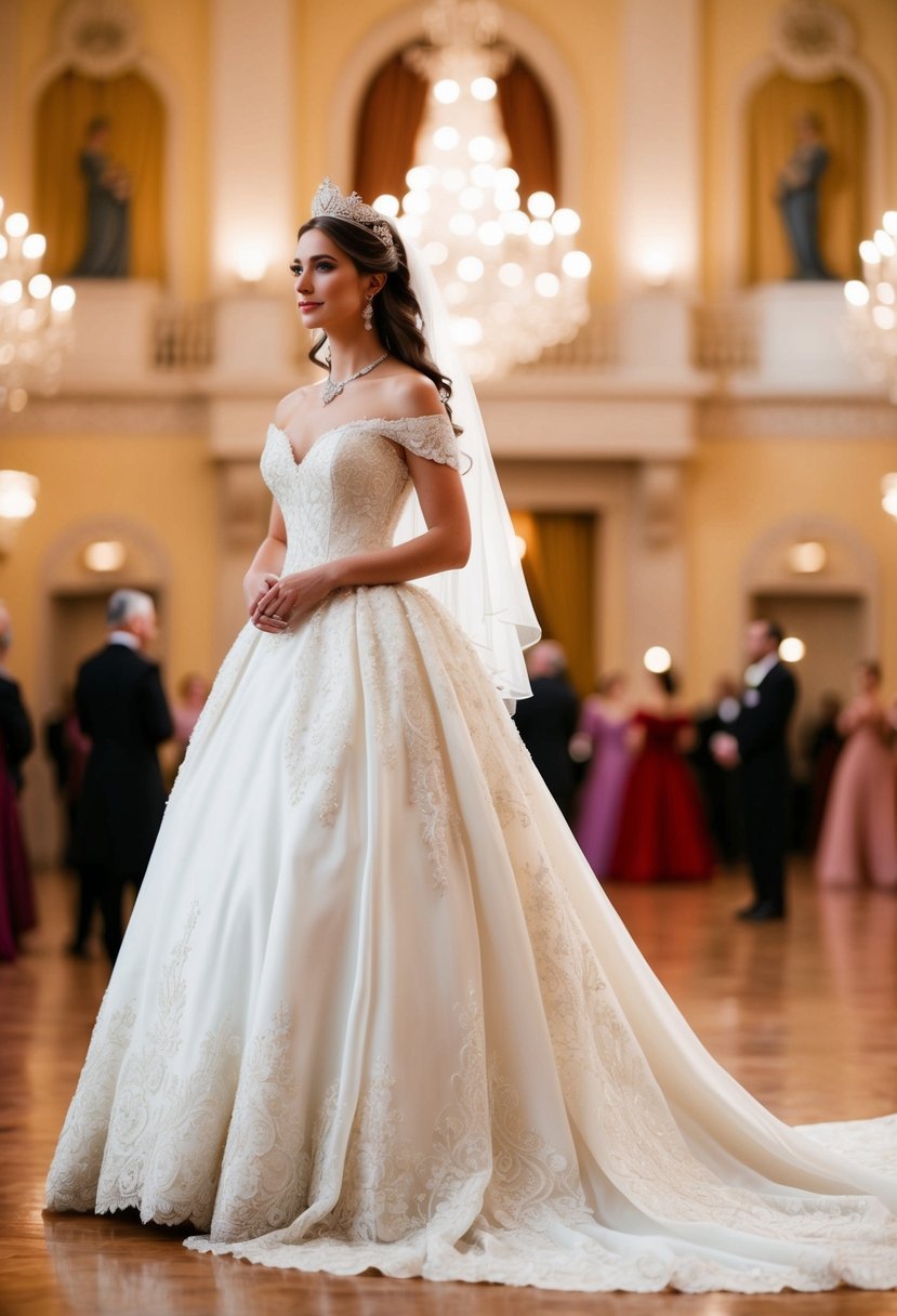 A fairytale princess stands in a grand ballroom, wearing a long train wedding gown adorned with intricate lace and sparkling jewels