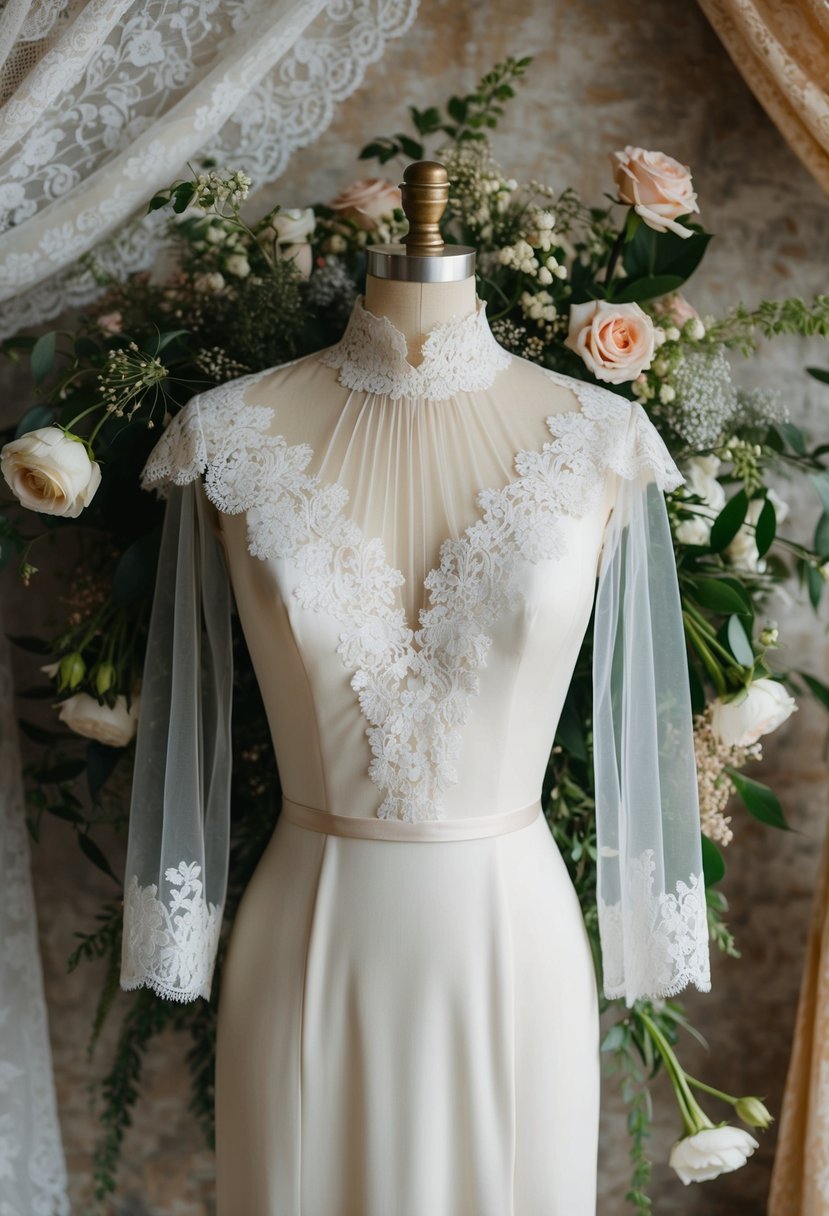 A lace-trimmed, high-necked wedding dress hangs on a vintage-style mannequin, surrounded by delicate floral bouquets and antique lace fabric