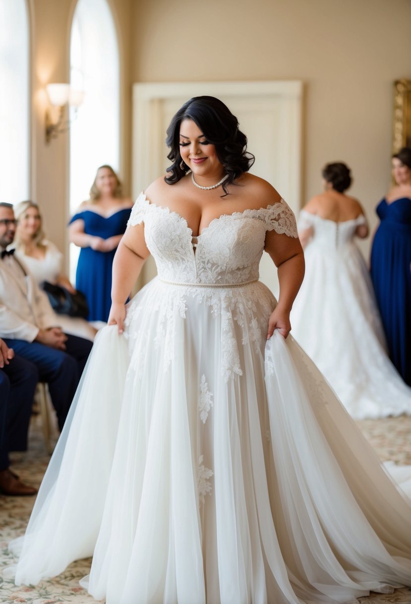 A curvy bride over 40 tries on a flowing, off-the-shoulder wedding gown with delicate lace details and a flattering empire waist