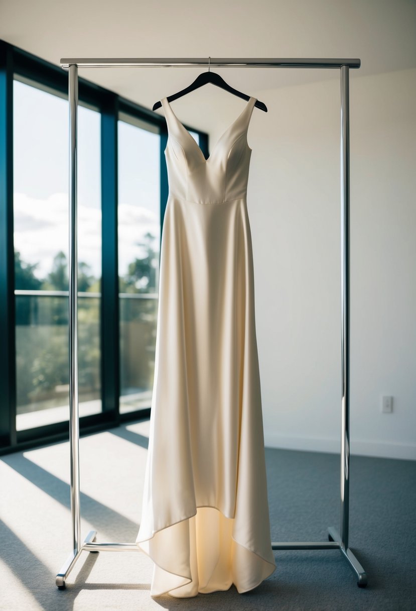 A simple, flowing silk wedding dress hanging on a sleek, modern clothing rack in a sunlit room