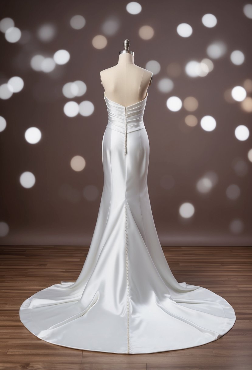 A satin sheath wedding dress with an extended train flowing elegantly behind