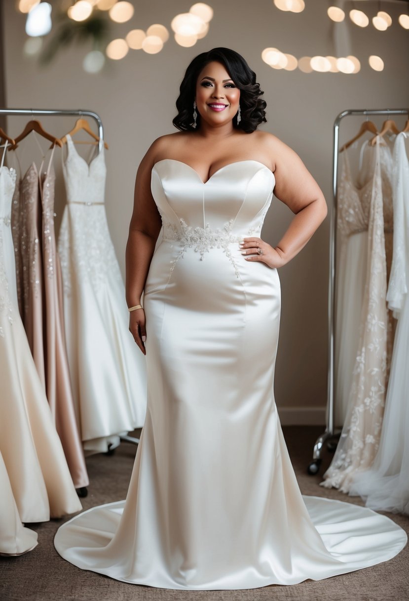 A curvy bride over 40 stands in an elegant satin sheath dress, surrounded by wedding dress ideas