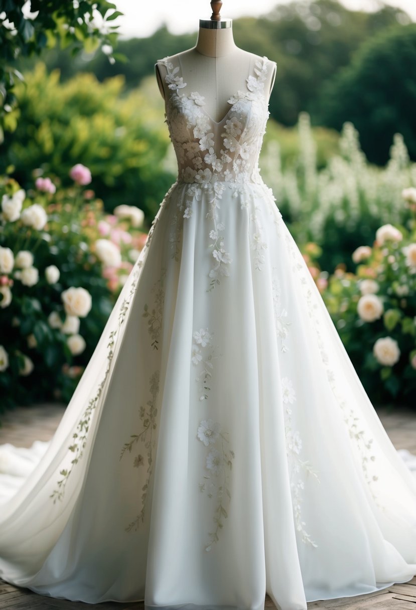 A flowing white wedding dress adorned with delicate floral appliques, set against a backdrop of lush greenery and blooming flowers