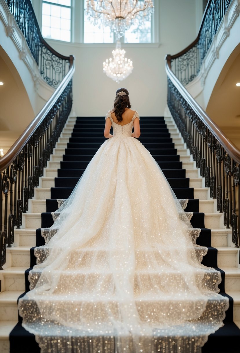 A sparkling ballgown train cascades down a grand staircase