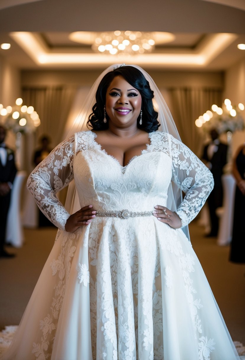 A curvy bride over 40 stands in a lace A-line gown, surrounded by soft lighting and elegant decor, radiating confidence and joy