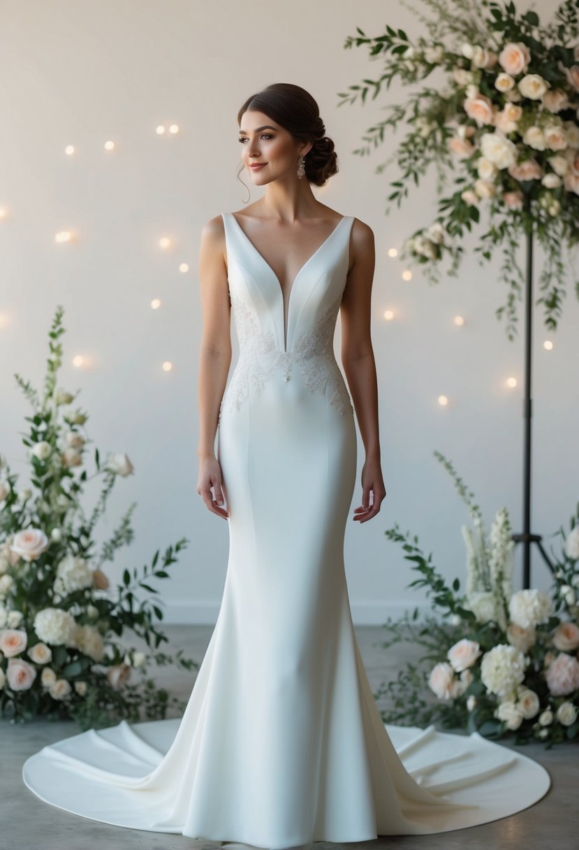 A graceful bride in a sheath silhouette wedding dress, surrounded by delicate floral arrangements and soft lighting