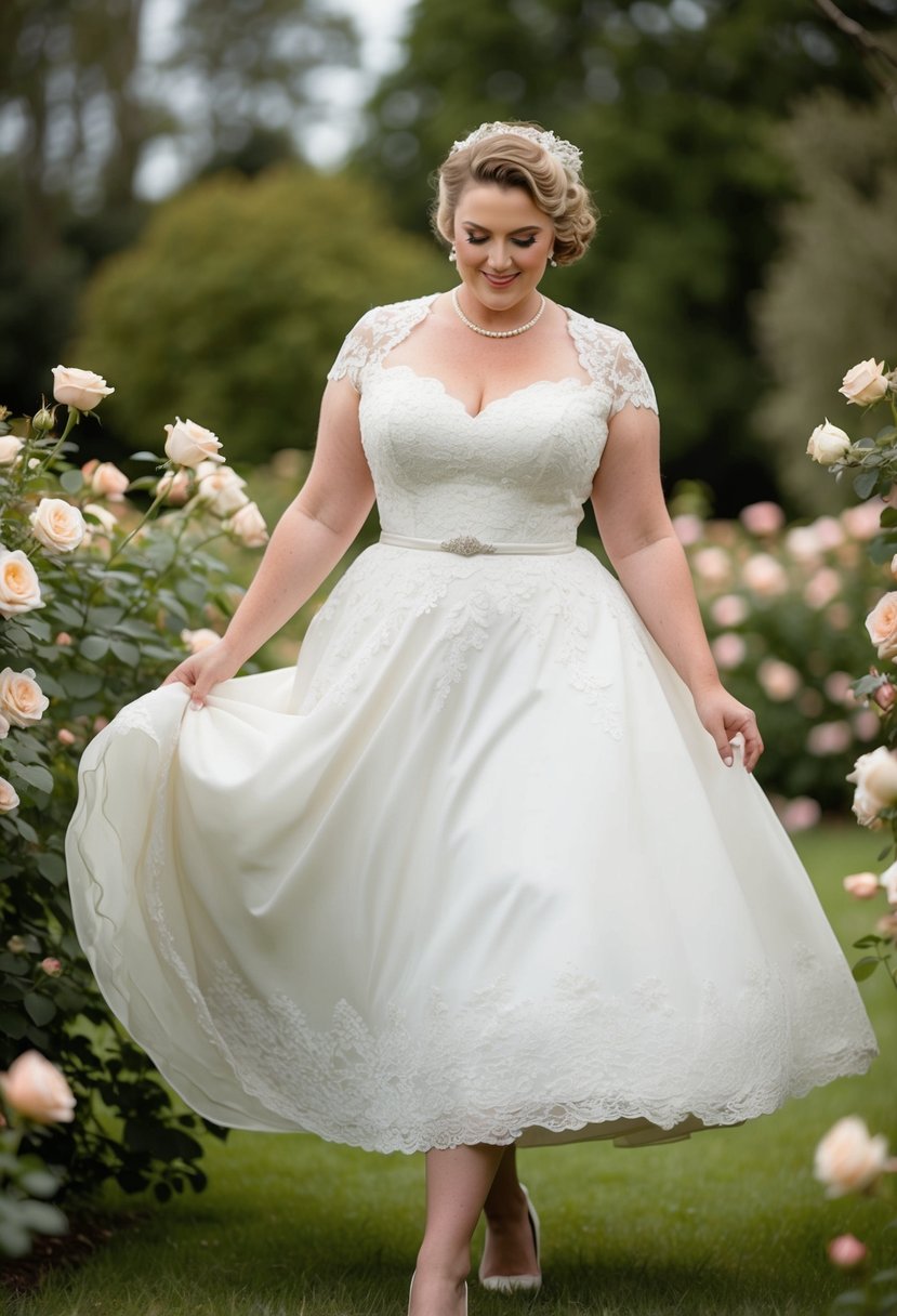 A curvy bride in her 40s twirls in a tea-length vintage wedding dress, surrounded by blooming roses and delicate lace details