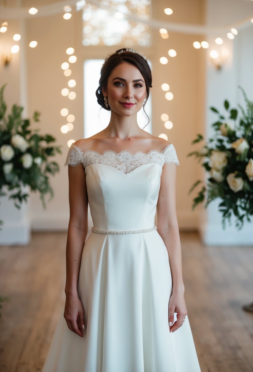 A bride stands in a simple, elegant wedding dress with a classic boat neckline, surrounded by soft lighting and delicate lace details