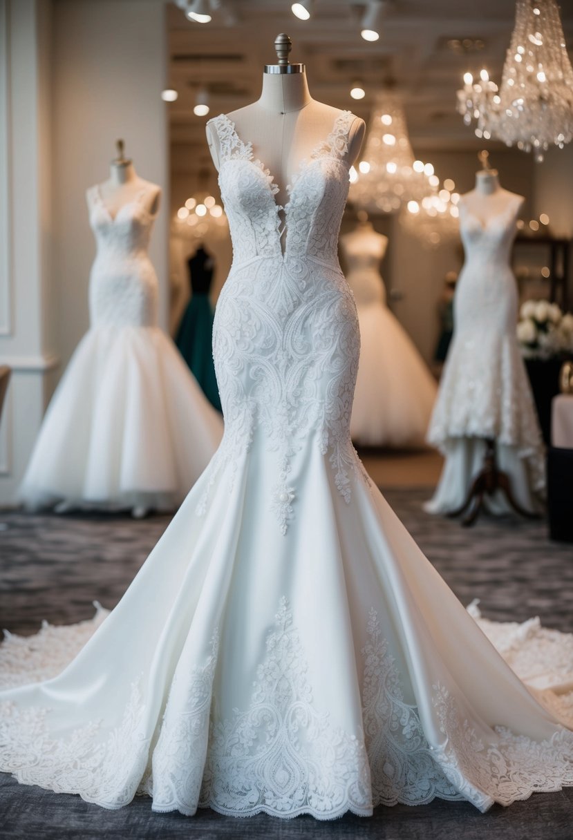 A mermaid-style wedding dress with intricate lace detail and a flowing train, showcased on a mannequin in a luxurious bridal boutique