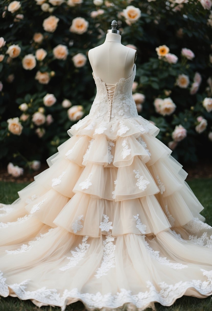 A cascading tiered tulle wedding dress in soft ivory, adorned with delicate lace appliques and a flowing train, set against a backdrop of blooming garden roses