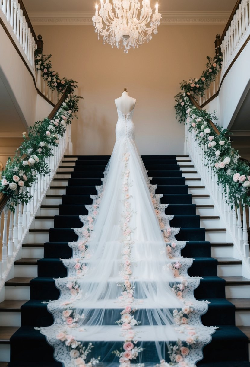 A long train wedding dress adorned with romantic floral appliqué flowing down a grand staircase