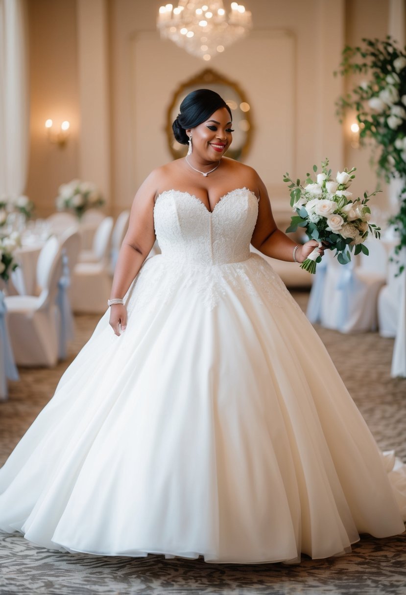 A curvy bride over 40 twirls in a classic ball gown, surrounded by elegant wedding decor and a romantic atmosphere