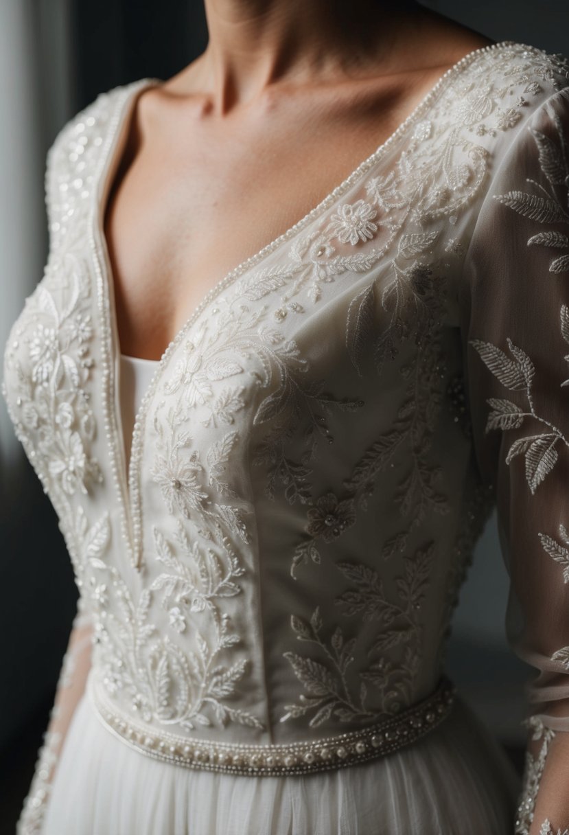 A close-up of an intricately embroidered bodice on a modest wedding dress, with delicate floral patterns and subtle beading