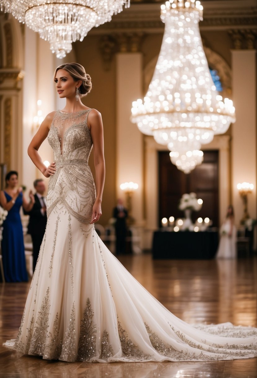 A bride in a luxe beaded wedding dress with a long train, standing in a grand ballroom with sparkling chandeliers and ornate decor