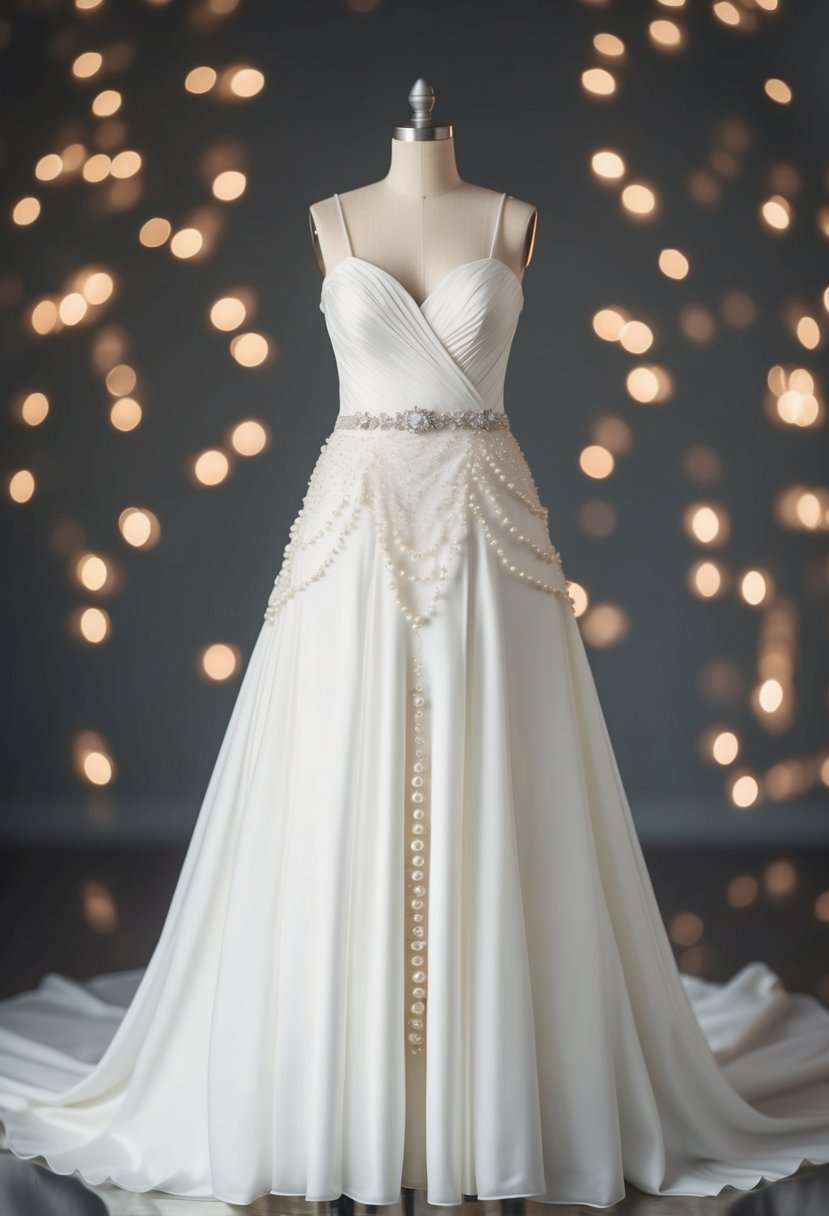 A flowing wedding dress adorned with shimmering pearls