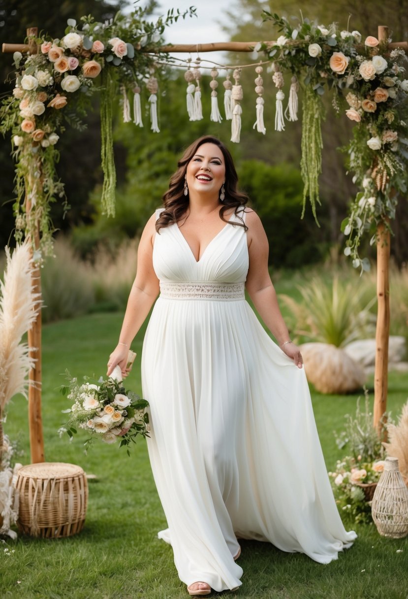 A curvy bride over 40 wearing a boho chic maxi dress, surrounded by nature and whimsical decor, with a relaxed and joyful expression