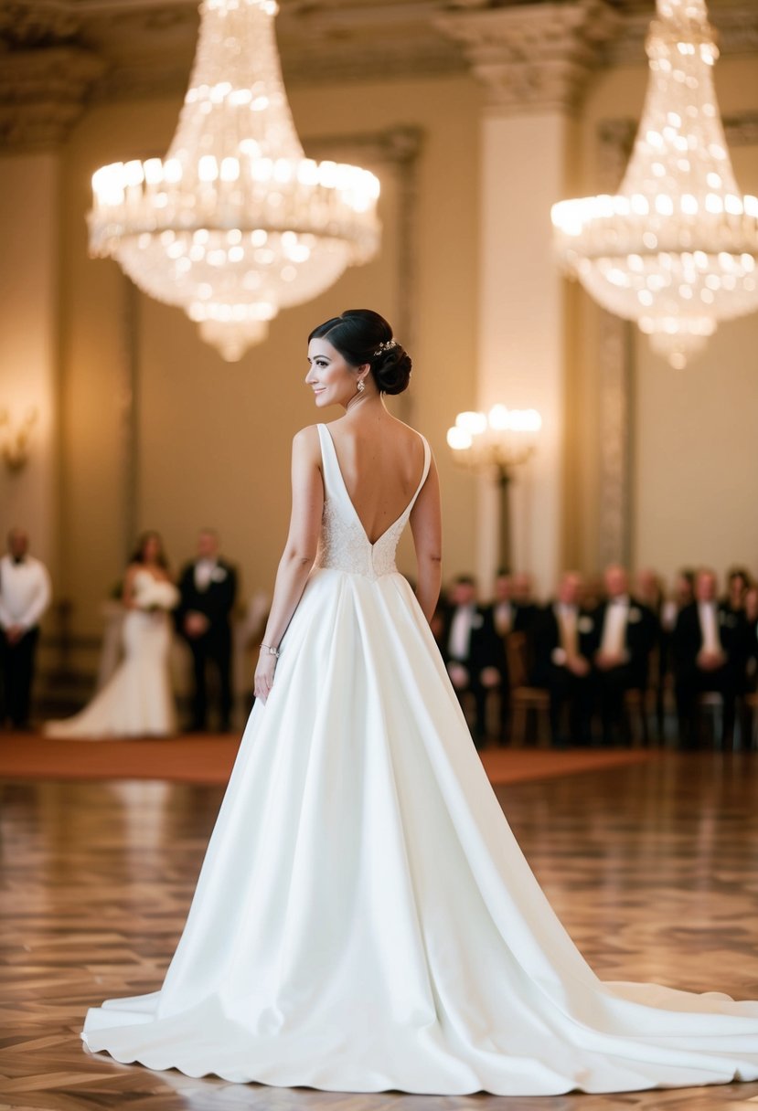 A bride standing in a grand ballroom, wearing a sophisticated A-Line wedding dress with a long train flowing behind her